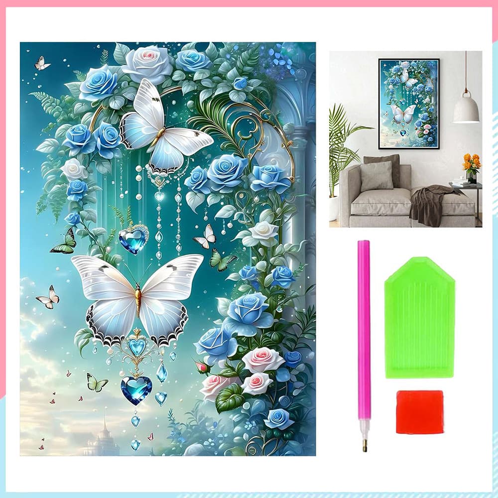 Borboletas e flores, kit de pintura com diamantes, pintura com diamantes quadrados 5D, obra de arte artesanal 30 x 40 cm