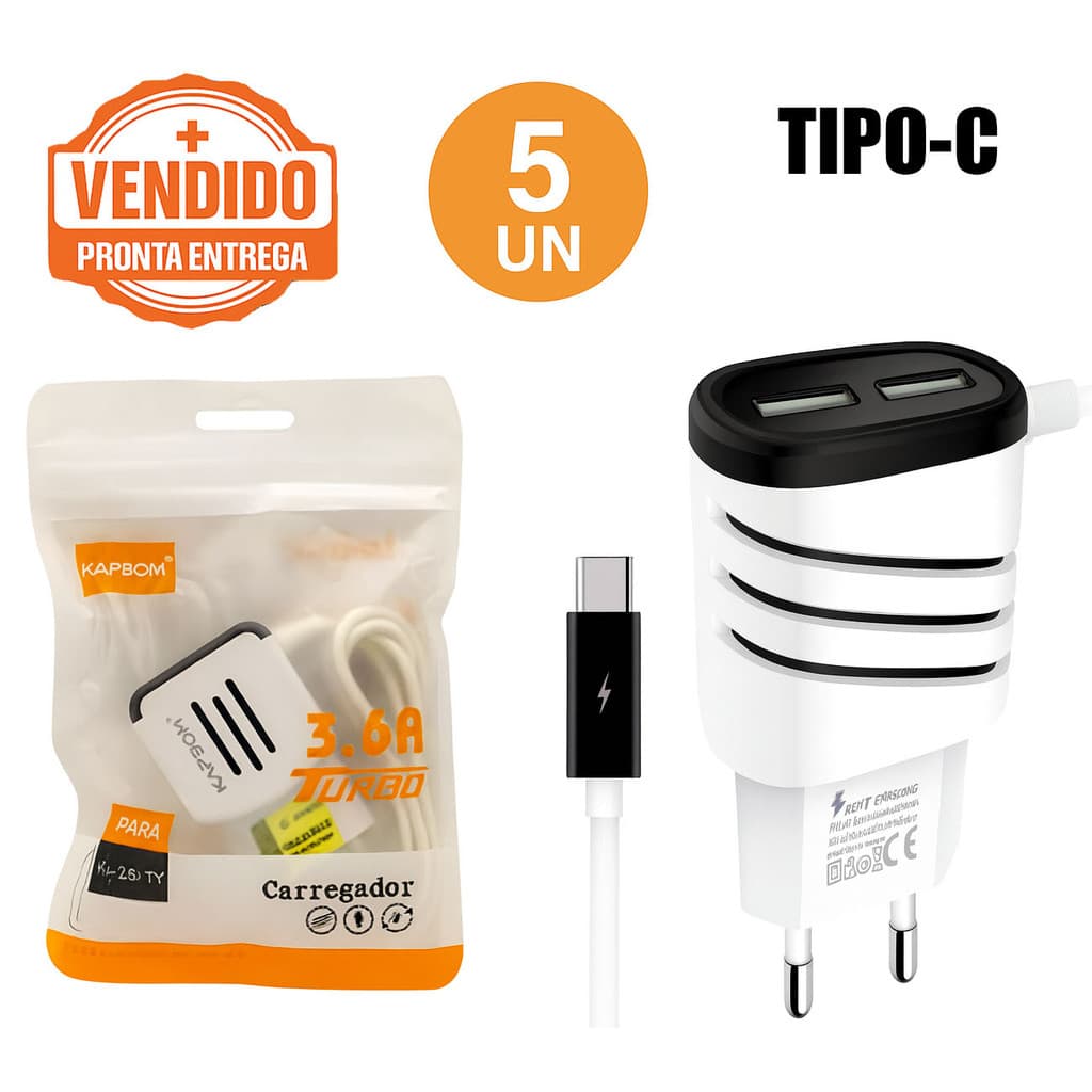 Kit 5 Carregador Celular Turbo 3.6A Tipo-C Rápido Turbo Bivolt Portátil P/ Smartphones e Tablet