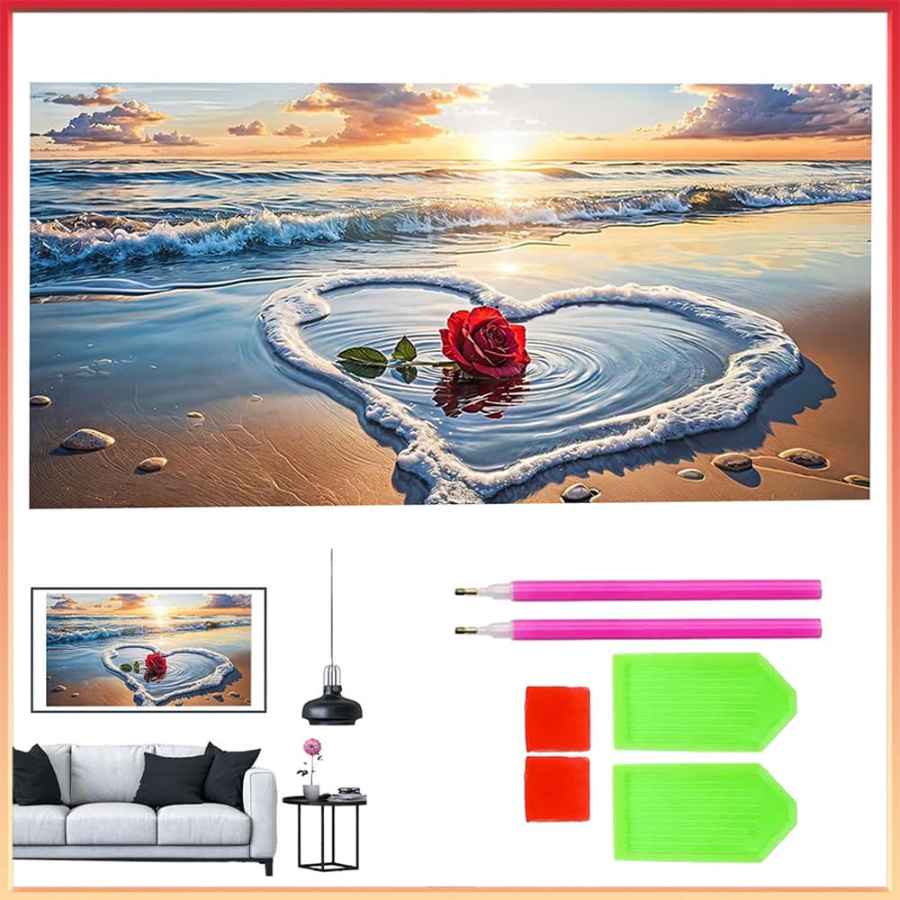 Pintura de Diamante 5D Tema Mar Coração Rosa 70x40cm – Superfície Grande, Quadrado Brilhante,para Sala de Estar e Quarto