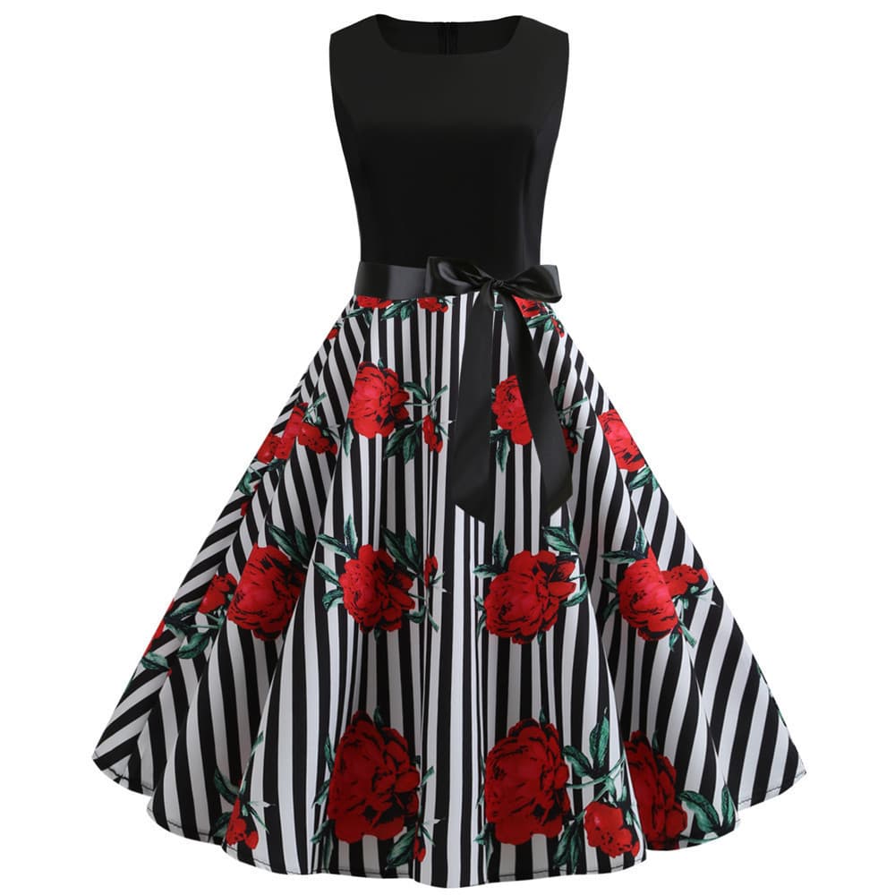 Vestido feminino estampado retrô sem mangas vestido de festa vestido de bolinhas