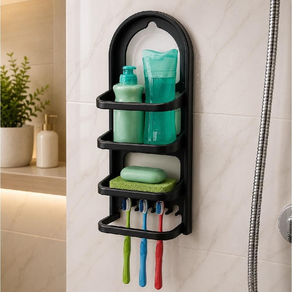 PORTA SHAMPOO SUPORTE PRATELEIRA ORGANIZADOR PAREDE TORNEIRA NICHO MULTIUSO ESCOVA COM GANCHO PRETO