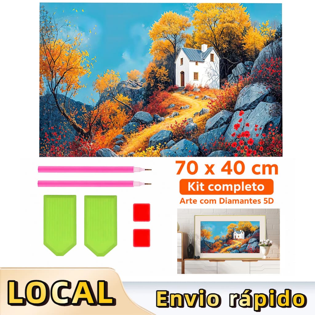 Pintura de Diamante 5D Cabaña na montanha 70x40cm Broca Quadrada – ferramentas inclusas, prática, relaxante,arte moderna