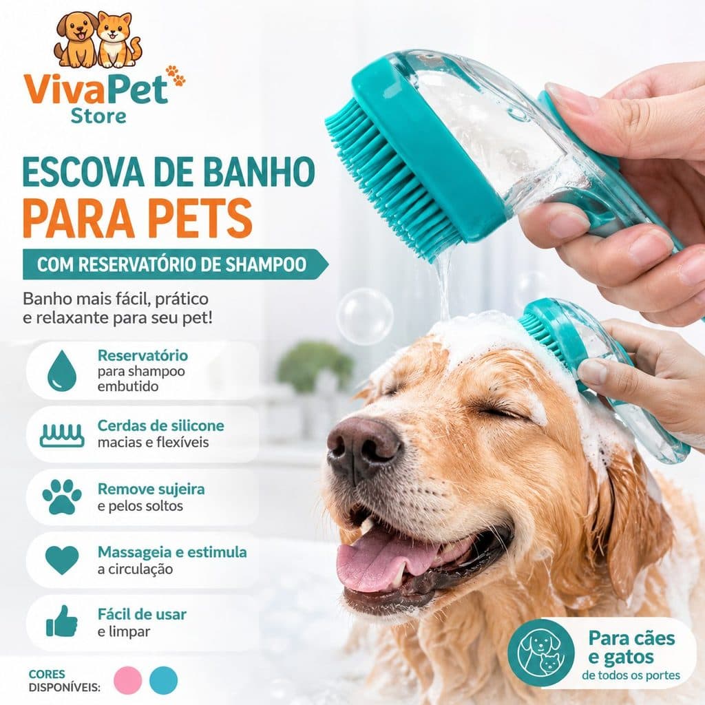 Escova de Banho para Pets com Reservatório de Shampoo em Silicone Macio Massageador para Cães e Gatos