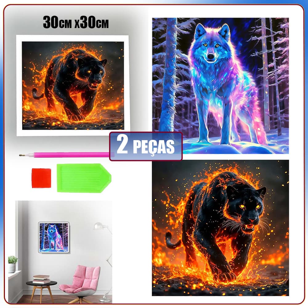2x pintura de arte de diamante quadrado 30x30cm 5D ponto pintura diamante pantera negra + lobo de gelo pintura à mão