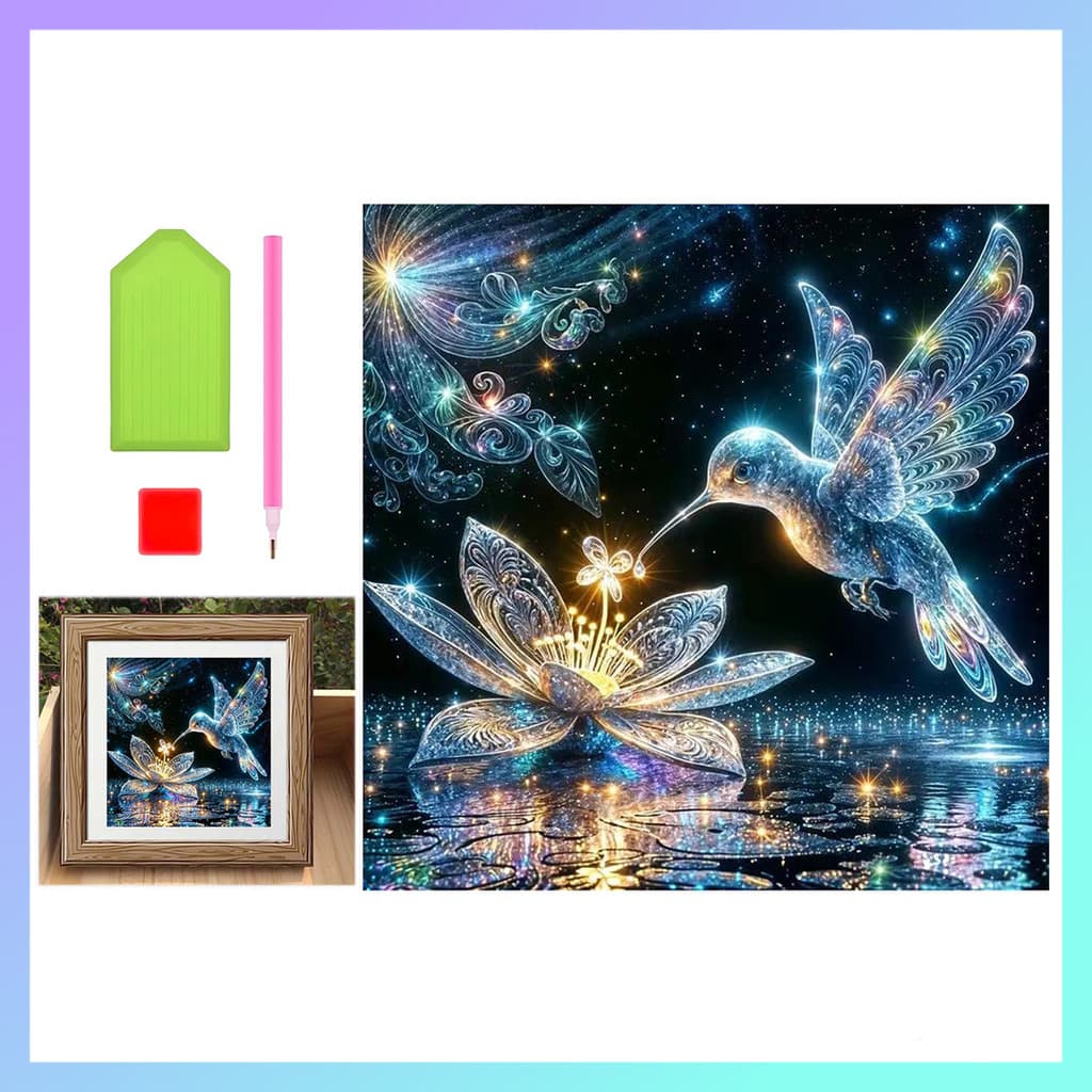 5D Praça diamante pintura diamante 30x30 cm, "Beija-Flor E Flor De Vidro" Pintura de decoração para casa