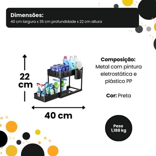 Organizador Multiuso 2 Níveis com Bandeja Deslizante Preto Espaço Extra Organizador Cozinha Escritório