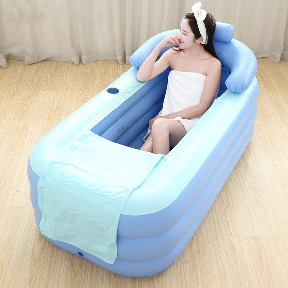 Banheira com travesseiro Inflável Portátil com Encosto e Porta-Copos Banho Quente ou Frio Azul ou Bege Com bomba 127v