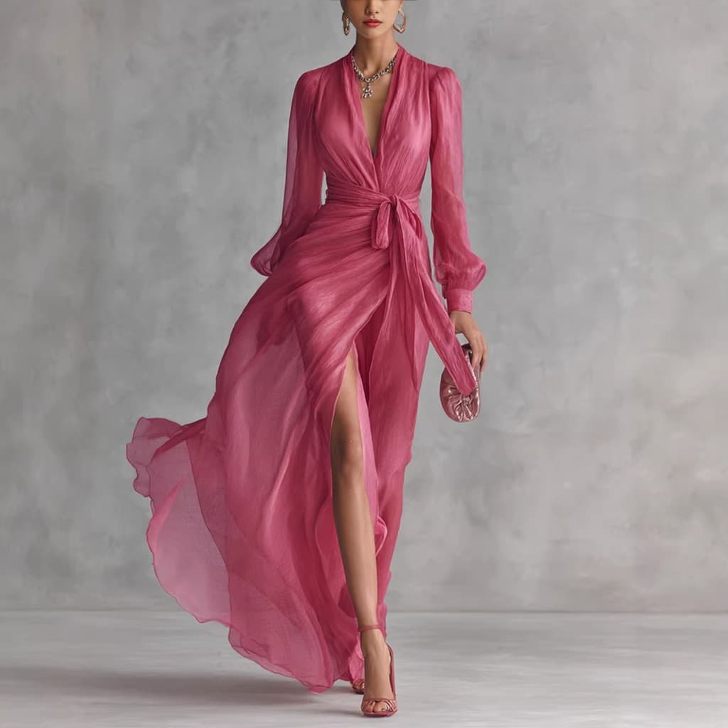 Novo Vestido Longo Feminino, Vestido de Chiffon, Vestido Longo Modelador, Vestido Cardigã com Decote em V, Vestido de Ma