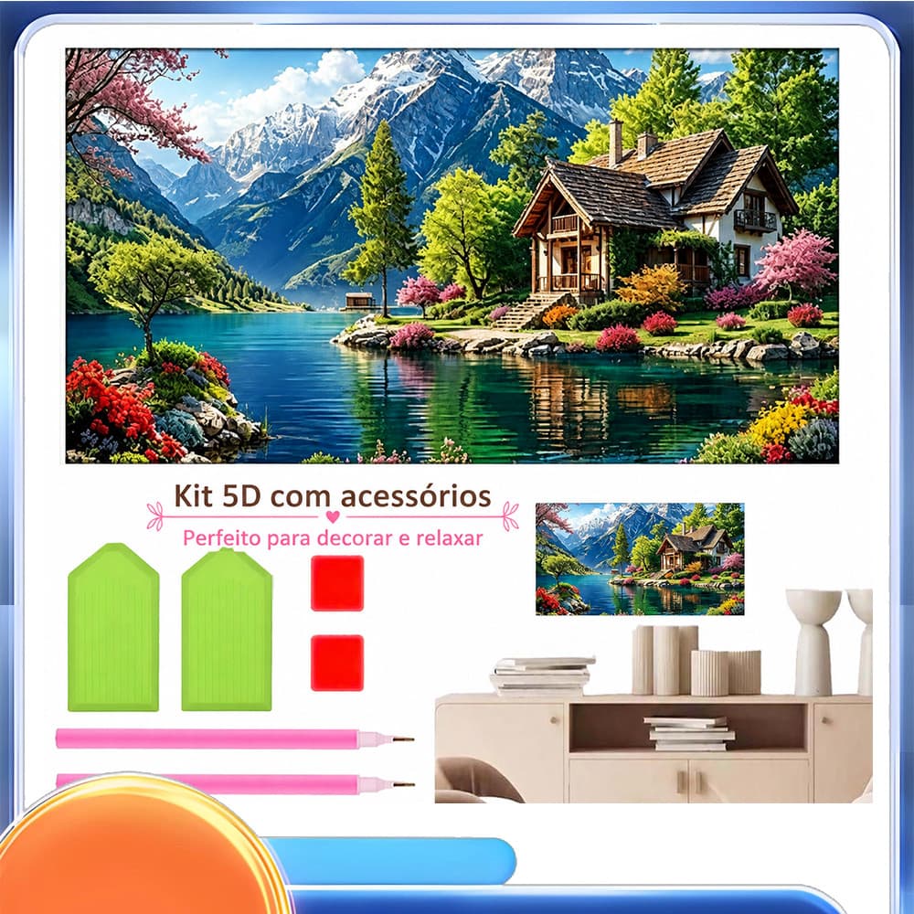 5d pintura diamante neve montanha lago cabine DIY pintura diamante