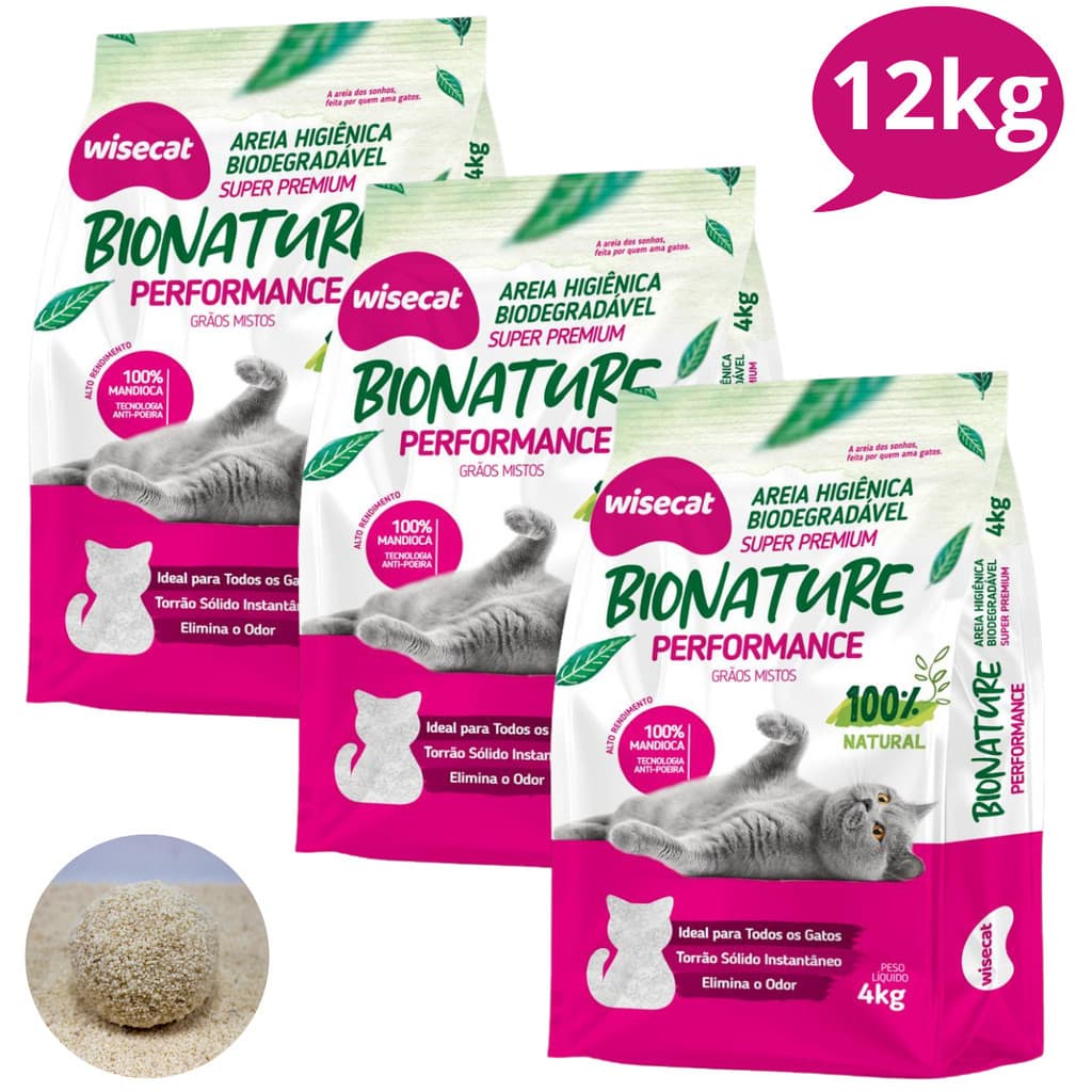 Kit 3 Areia Sanitária De Mandioca 4kg Grãos Mistos Para Gatos Biodegradável Wisecat .1.2.k.g.