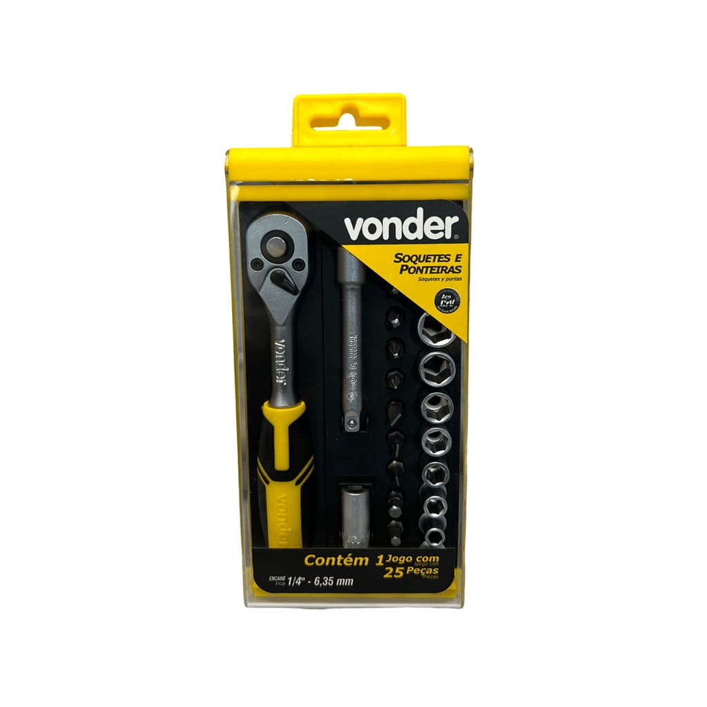 Jogo Catraca Reversível 1/4" C/ Soquetes Sextavados e Bits 25 PÇS - Vonder