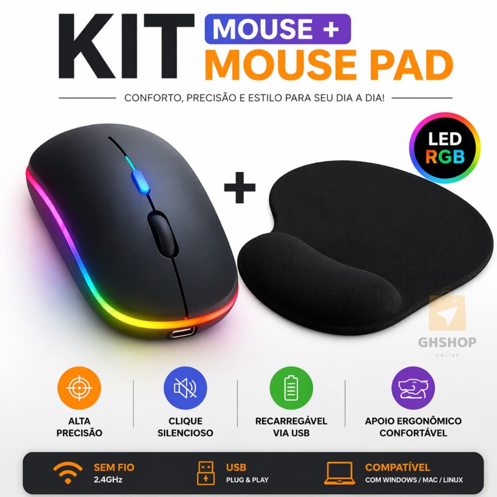 Kit Mouse Sem Fio Recarregavel Para Notebook Rgb + Mouse Pad Apoio Punho