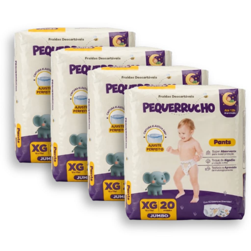 Kit 4 Fralda Descartável Pequerrucho Pants Toque Macio Hipoalergênico - Tamanho XG - 80 Unidades