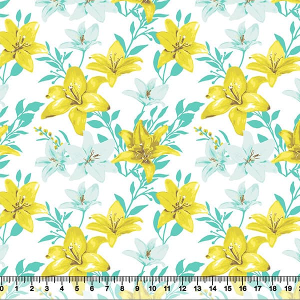 Tecido Tricoline Lírios Brancos E Amarelos 100% Algodão Mesa Posta Patchwork Cozinha Chic Quilting