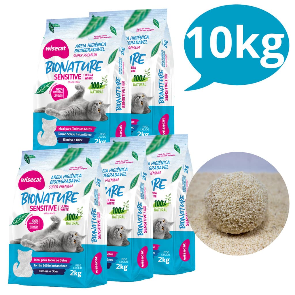 Kit 5 Areia Sanitária Higiênica pra Gatos Natural Vegetal Mandioca Sensitive Grãos Finos Wisecat 2KG
