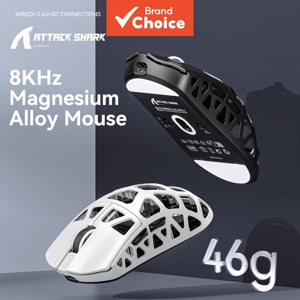 Mouse sem fio de liga de magnésio ATTACK SHARK R3, Tri-Modo 2.4G BT com fio, 46g ultra leve, PAW3395 8kHz, 26000DPI