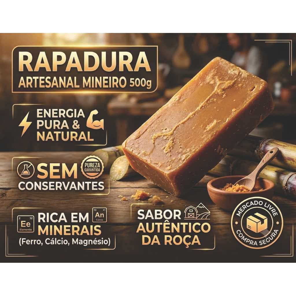 Rapadura Artesanal Mineira Pura de Cana 500g Doce Natural Energia Saudável Direto da Roça