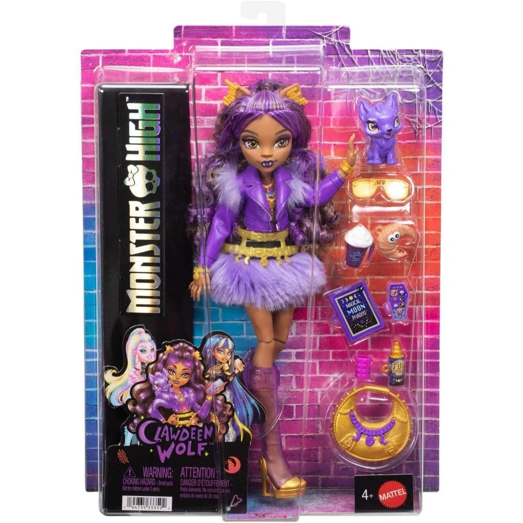 Boneca Monster High Clawdeen Wolf: boneca lobisomem articulada com 7 acessórios, look roxo fashion e seu pet Crescent