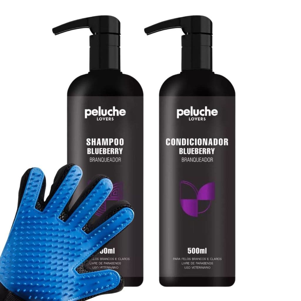 Kit Shampoo e Condicionador Blueberry Peluche 500ml Cada + Escova Magnética para Cães e Gatos