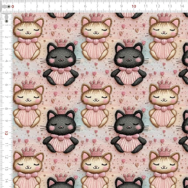 Tecido Tricoline Digital Efeito 3D Reino das Gatinhas Costura Artesanato Patchwork Pano