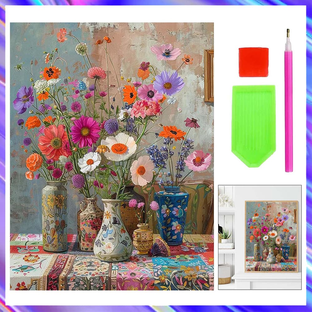 Arranjo floral, obra de arte DIY com pintura com diamantes quadrados 5D, kit de pintura com diamantes, 30 x 40 cm