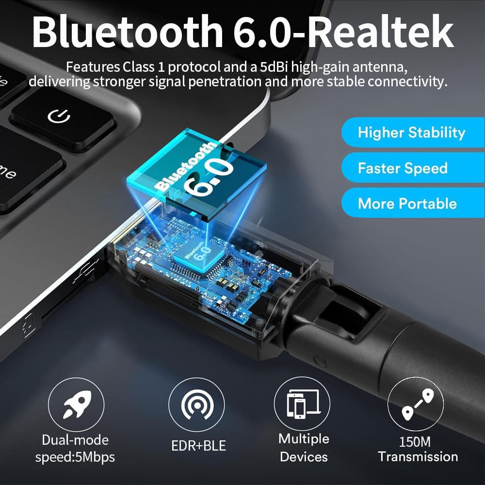 Adaptador Bluetooth 6.0 sem driver para computadores desktop, receptor e transmissor USB, modo duplo BLE/EDR