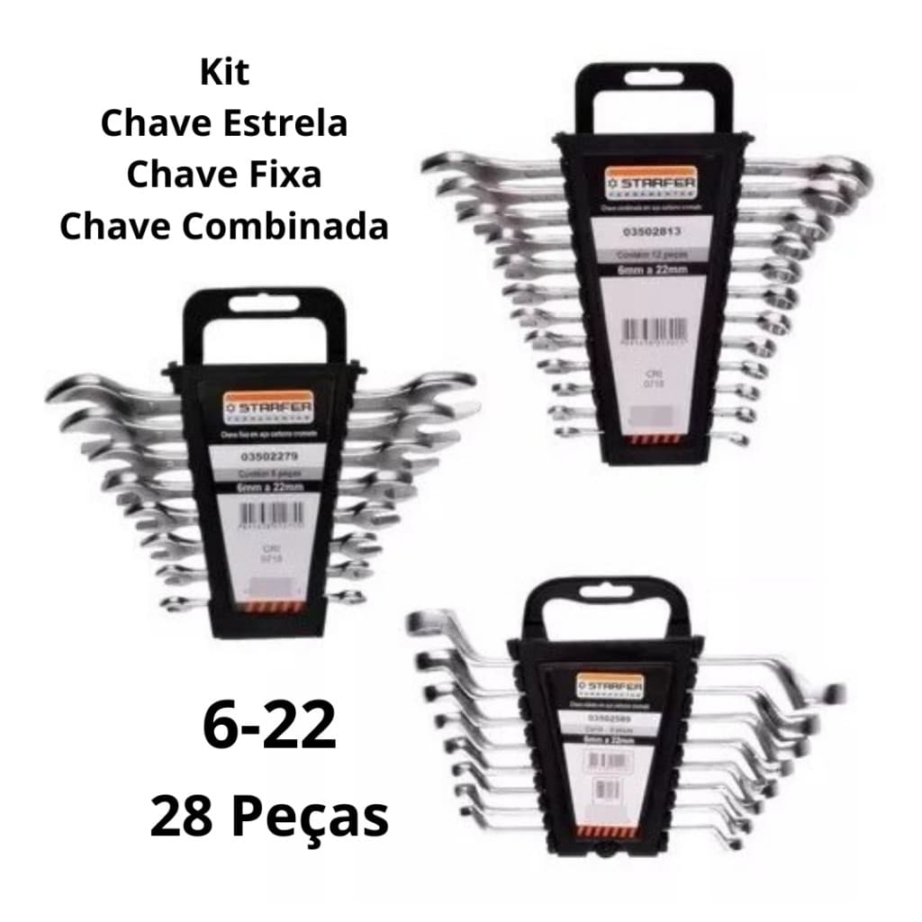 Jogo Chave Boca 6 a 22mm Combinada Estrela e Fixa Starfer 28pçs Ferramenta Kit Completo Uso Geral SB