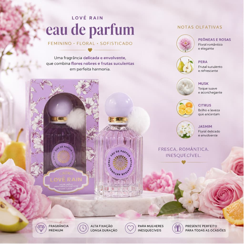 Perfume Feminino Importado Premium 30ml Lové Rain Longa Duração Peônia Rosas Pera Musk Floral Frutado Alta Fixação