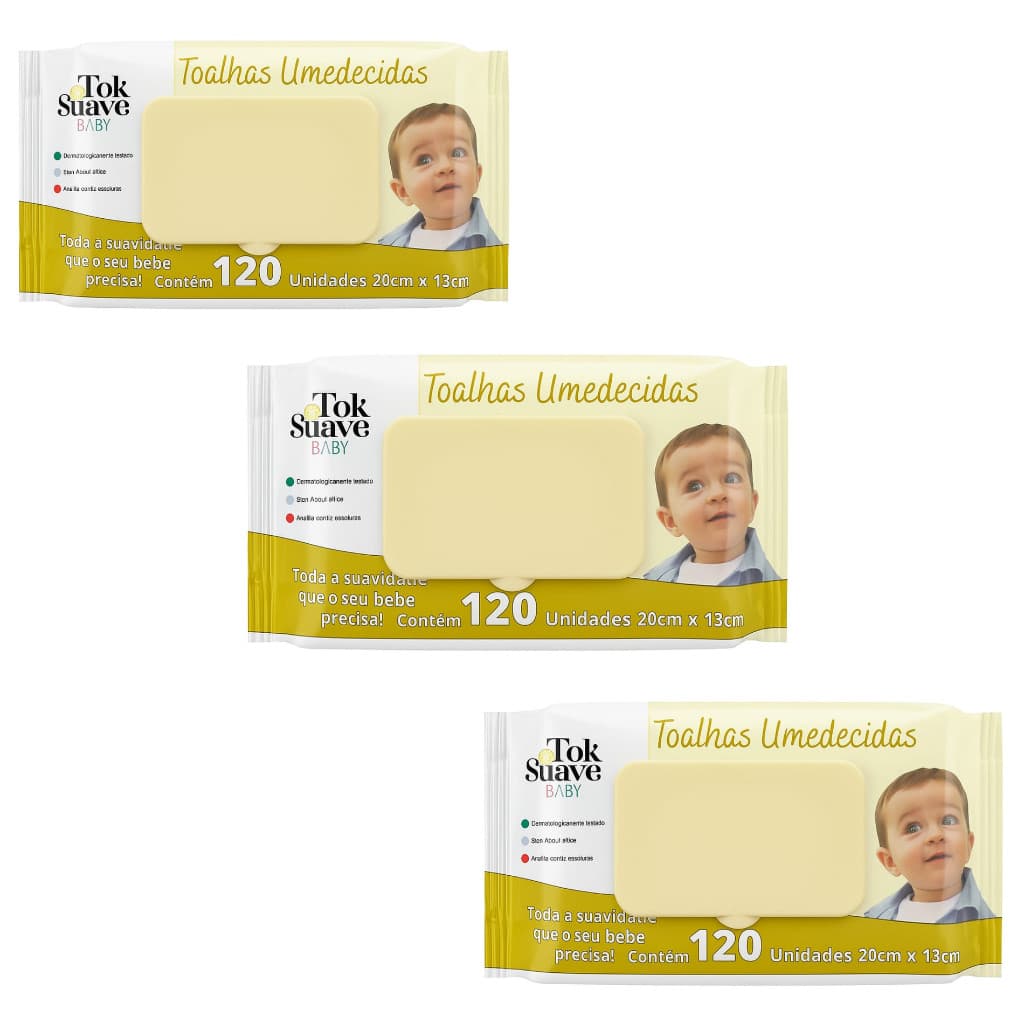 KIT 3 PCTS Toalhas Umedecidas bebe/infantil TOK SUAVE BABY 360UN (120 cada pct)