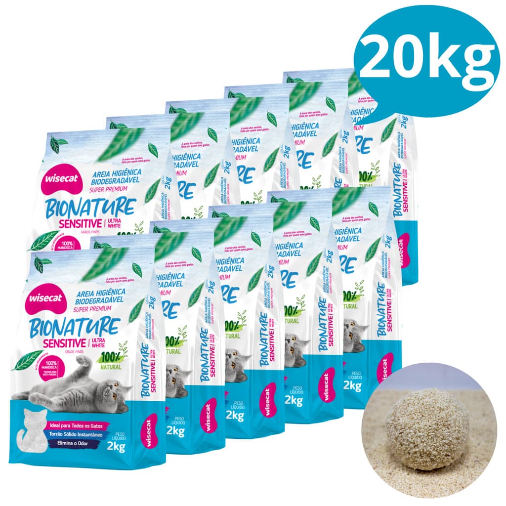 Kit 10 Areia Sanitária Higiênica p Gatos Natural Vegetal Mandioca Sensitive Grãos Finos Wisecat 2KG