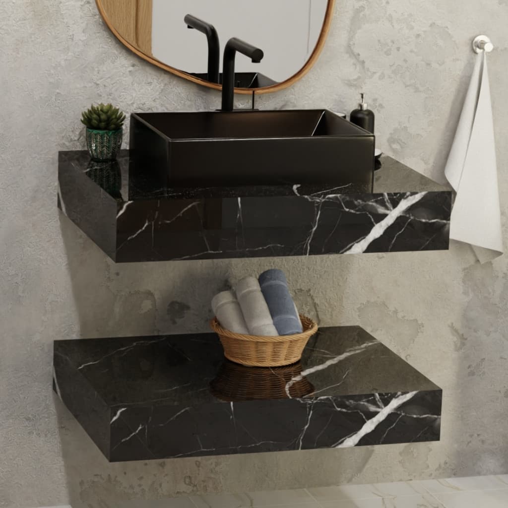Pia Banheiro 62x40 Porcelanato Kit Completo Cuba Prateleira Suportes Elite Escuro Marmorizado Cuba Preta