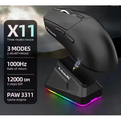 Mouse Bluetooth Gamer Jogo sem fio X11 K-Snake Profissional dock carregamento  três modos PAW3311 RGB