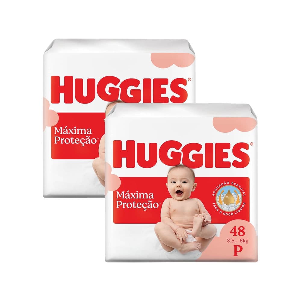Kit 2 Fralda Huggies Máxima Proteção Tamanho P Mega 48 Unidades Descartáveis