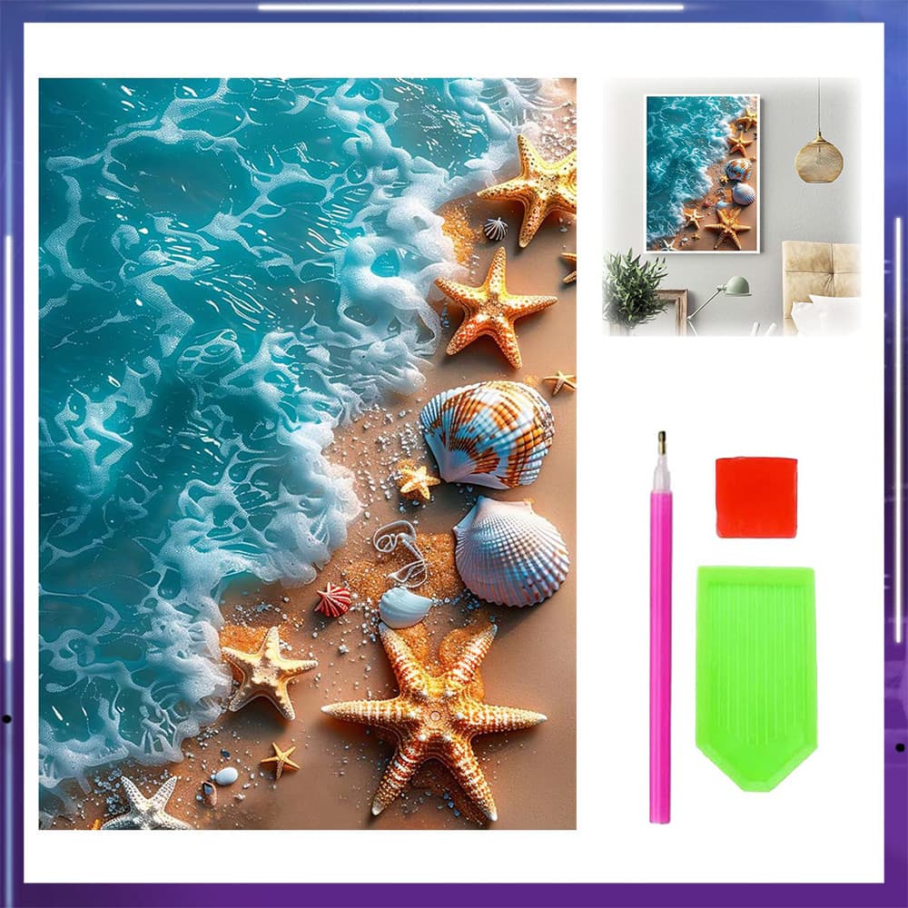 Pintura de Diamante 5D Tema Concha e Onda Rasa 40x30cm – Presente de Aniversário Criativo, Decoração Estilo Oceano