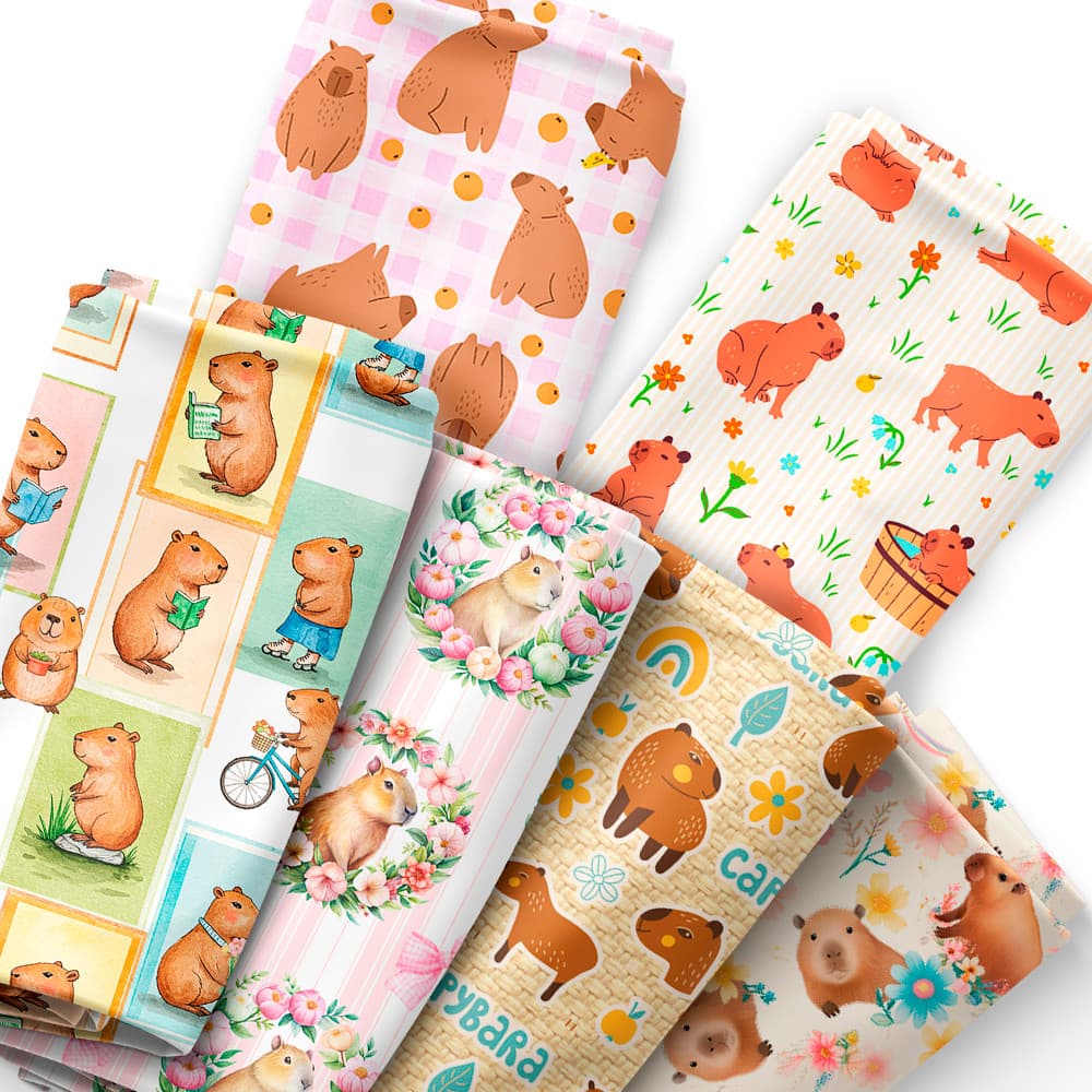 Tecido Tricoline Capivaras Variadas Animais Costura Artesanato Patchwork Pano DIY Ateliê