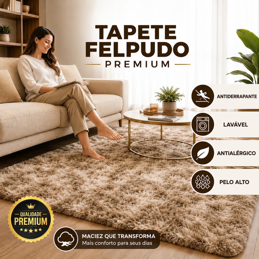 Tapete Felpudo Grande 2,00x1,40/ 2,00x2,40 Peludo Antialérgico Lavável Antiderrapante Sala Quarto Escritório Premium