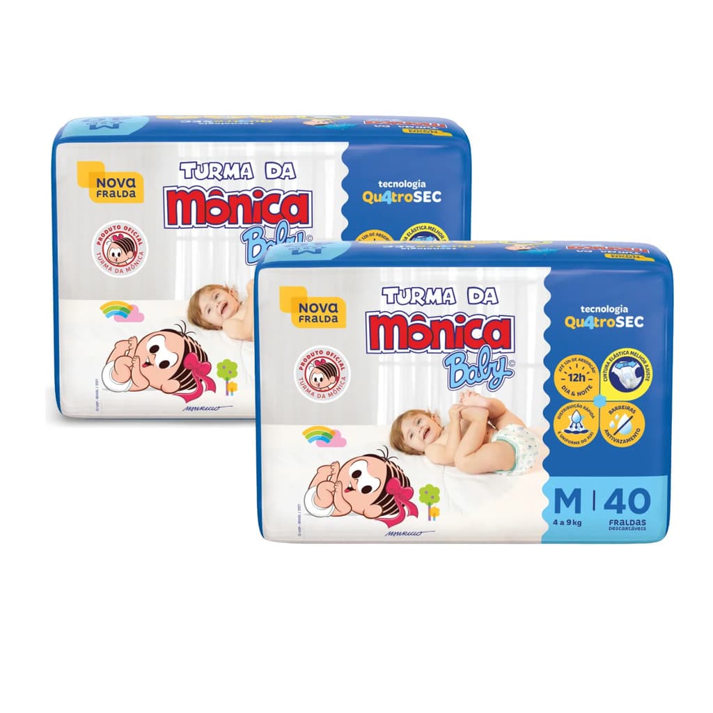 Fralda Descartável Baby Turma da Mônica | 2 Pacotes | Tamanho M |  | 80 Unidades | Custo Beneficio