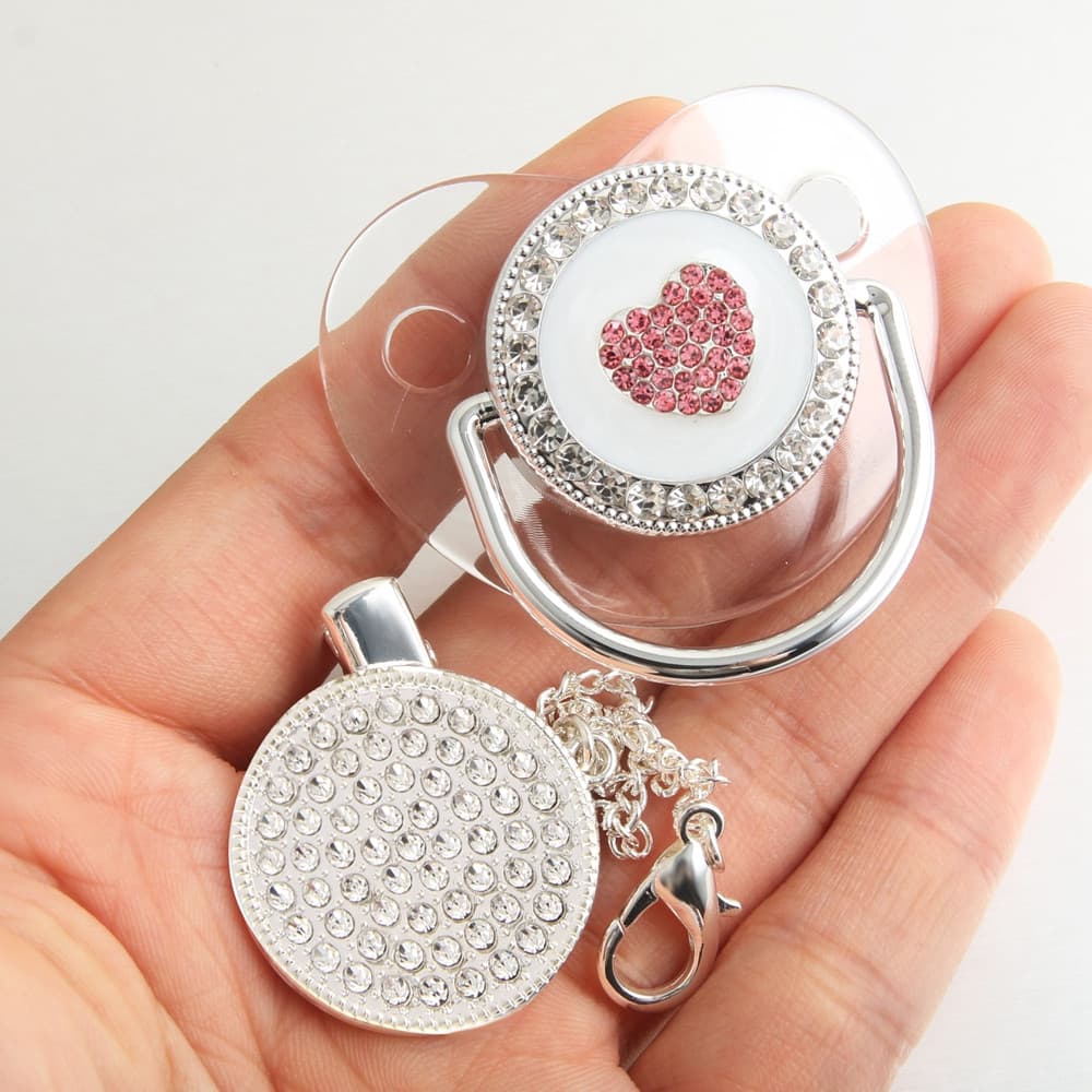 Chupeta de Bebê Luxuosa em Forma de Coração com Strass Rosa Brilhante, Prata, Elegante, Presente para Chá de Bebê 1A4V