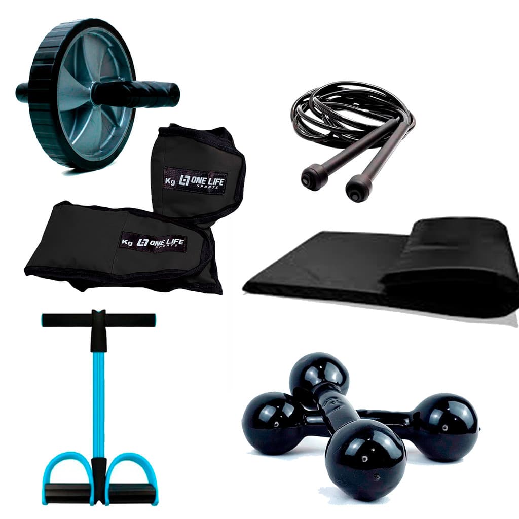 Kit Treino em Casa C / 6 Itens Caneleira de 3kg  + Halter de 3kg + Colchonete + Roda ABD + Extensor + Corda