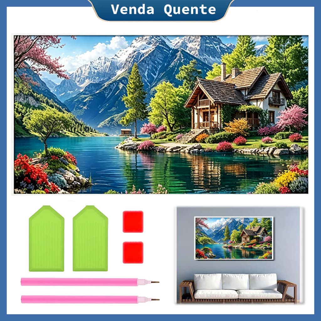 "Snow Mountain Lakeside Cottage" Pintura Diamante 70x40 cm, 5D Pintura Diamante, Decoração Da Parede Pintura Artesanal