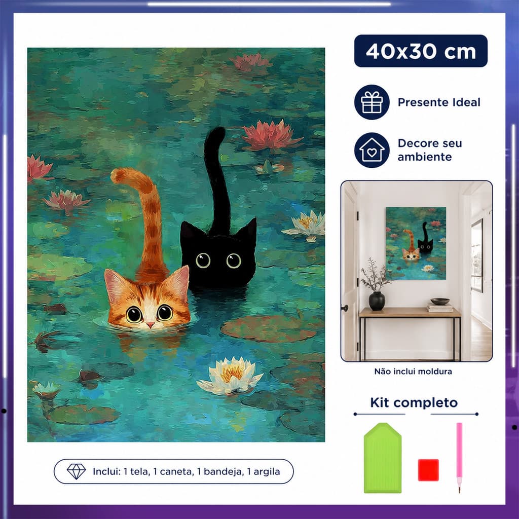 Pintura de Diamante 5D O gato na flor de lótus 40x30cm Broca Quadrada – artesanato terapêutico, decoração criativa