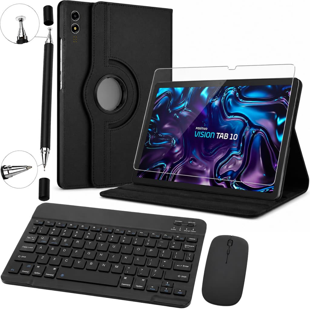 Kit para Tablet Vision Tab 10 Capa Giratória + Película de Vidro + Teclado e Mouse Sem Fio + Caneta Touch