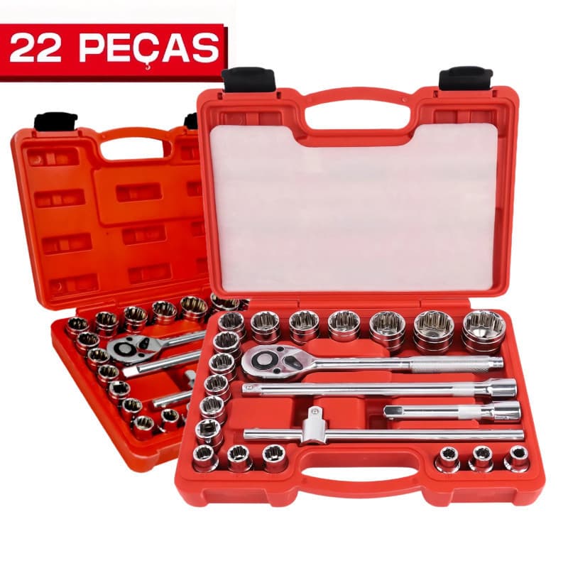 Kit 22 Pçs Jogo Soquetes Estriados  Chave Catraca Reversível Profissional