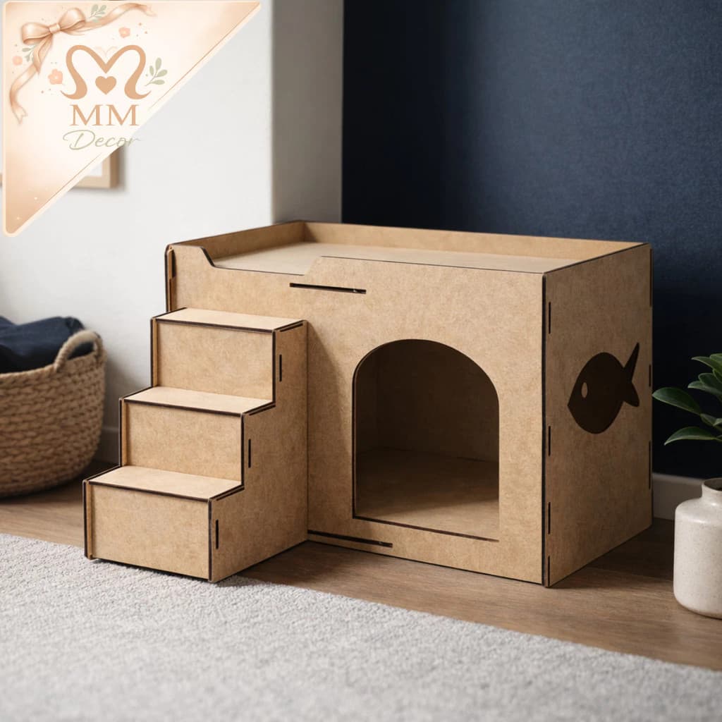 Toca para Gato MDF Cru com Escada Casinha Pet Estilo Moderno