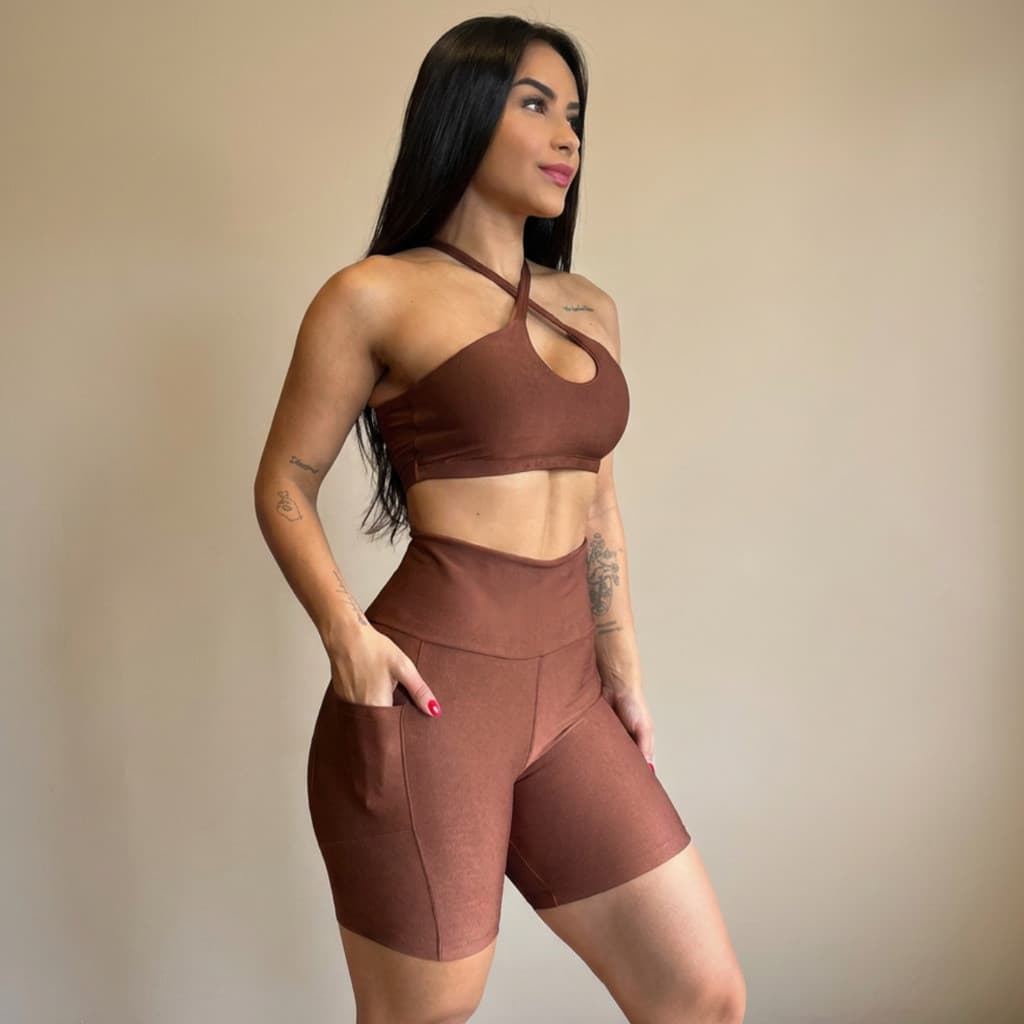 Kit Conjunto Canelado de Academia Top e Short com Bolso Para Corrida Topper Feminino Roupa Fitness Legging Feminina Alta