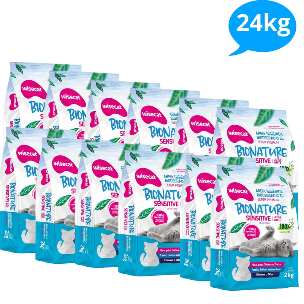 Kit 12 Areia Sanitária De Mandioca 2kg Grãos Finos Para Gatos Biodegradável Wisecat até .2.4.k.g.