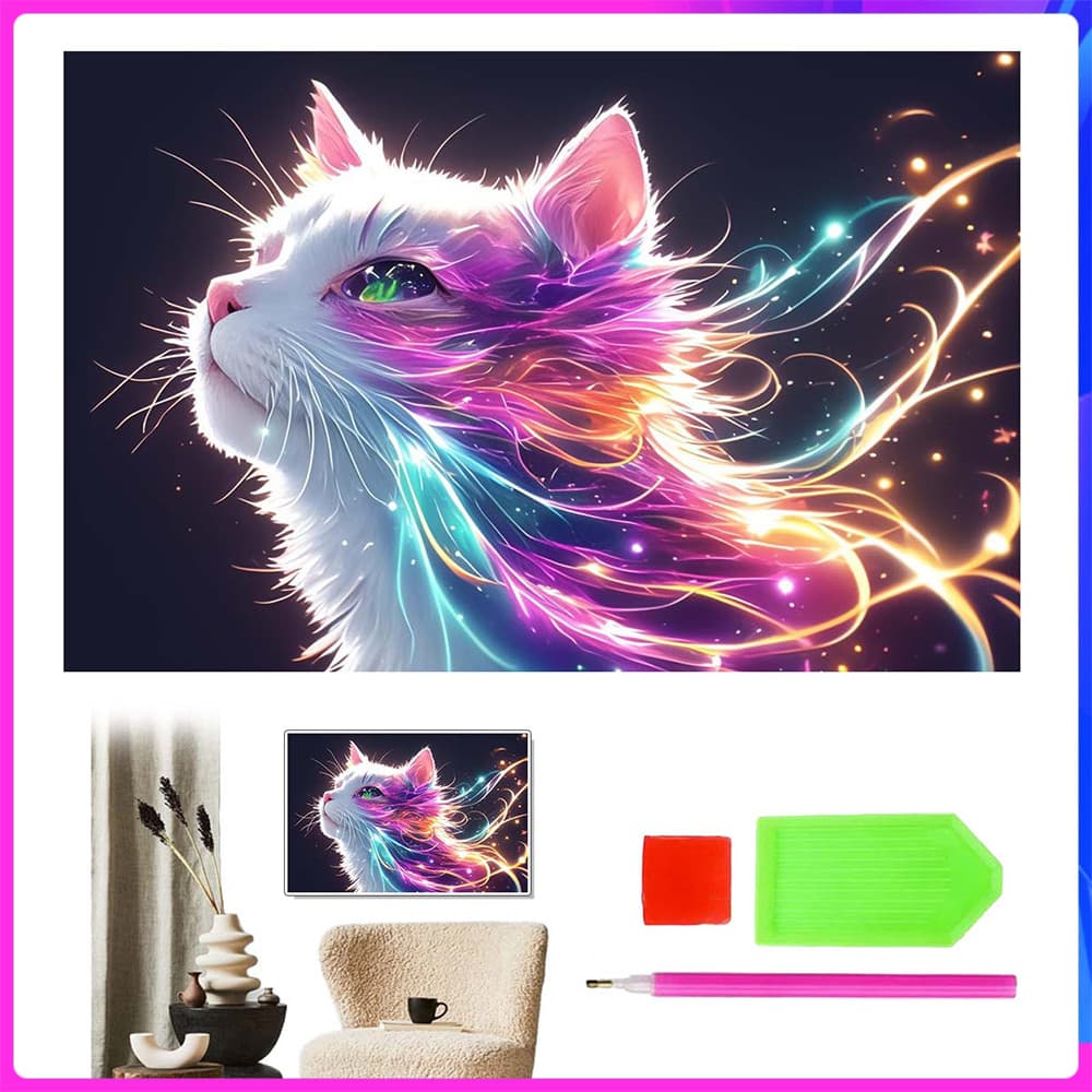 Pintura de Diamante 5D Tema Gato Divino 40x30cm – para Iniciantes, Broca Completa, Decoração de Quarto