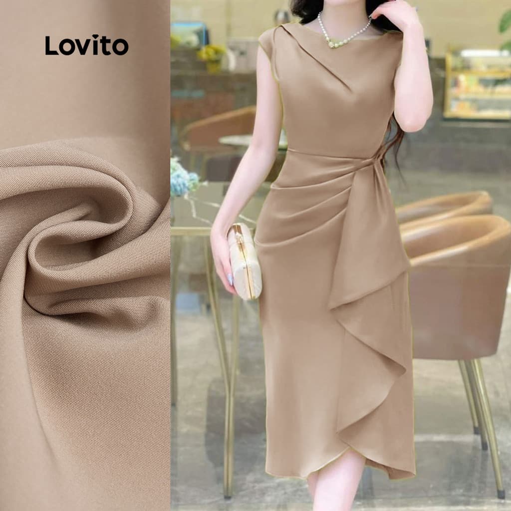 (Elegante) Lovito Vestido Assimétrico com Pregas para Trabalho Na Primavera/verão Vestido caqui L155ED1811
