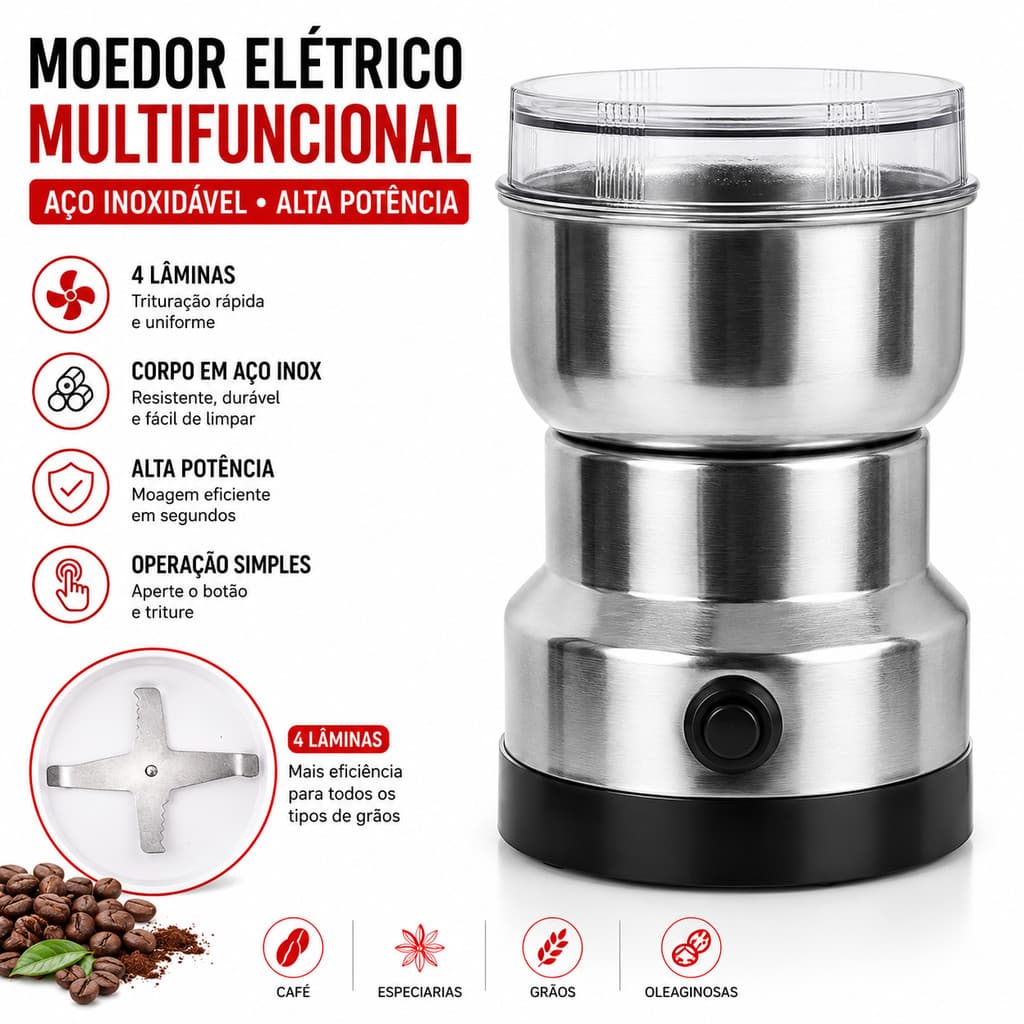 2026 Moedor Elétrico Multifuncional de Café, Grãos e Temperos em Aço Inox 4 laminas N1RF