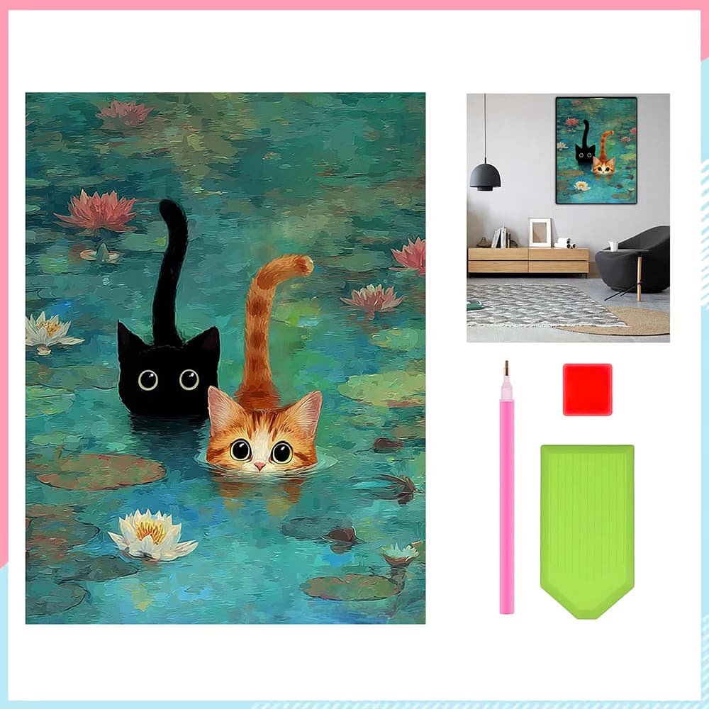30 x 40 cm, Conjunto de pintura diamante 5D para adultas Gato na Água Pintura artística com diamante quadrados